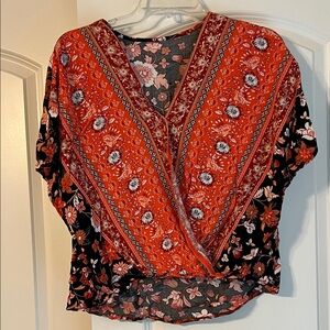 SHEIN Red and Black Floral V-Neck Blouse